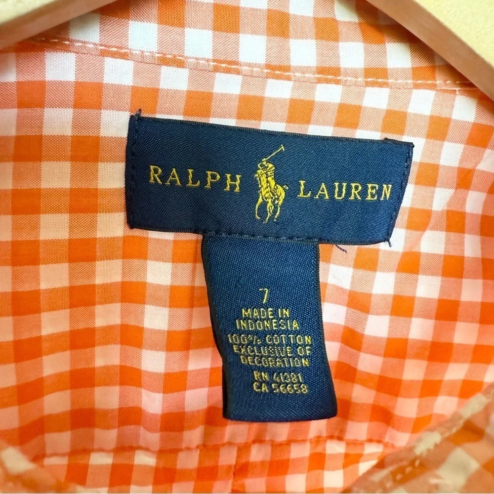 Ralph Lauren Boys Orange Gingham Long Sleeve Button-Up Size 7 Casual Spring